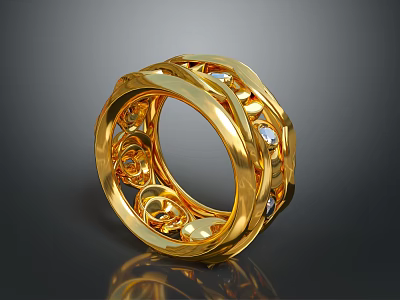 Elegant Golden Ring With Intricate Twisted Design And Diamond Accents For Fashion 3d model
