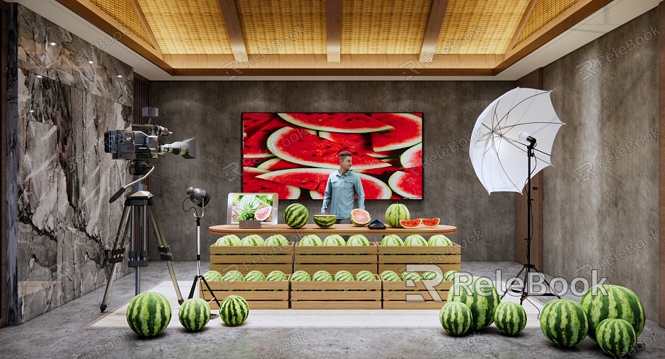 Modern Live Broadcasting Room Helping Farmers E-commerce Live Broadcasting Room Watermelon Fruit with Goods Live Broadcasting Room Live Broadcasting Equipment Watermelon Fruit Shelf model