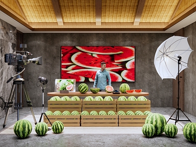 Modern Live Broadcasting Room Helping Farmers E-commerce Live Broadcasting Room Watermelon Fruit with Goods Live Broadcasting Room Live Broadcasting Equipment Watermelon Fruit Shelf model