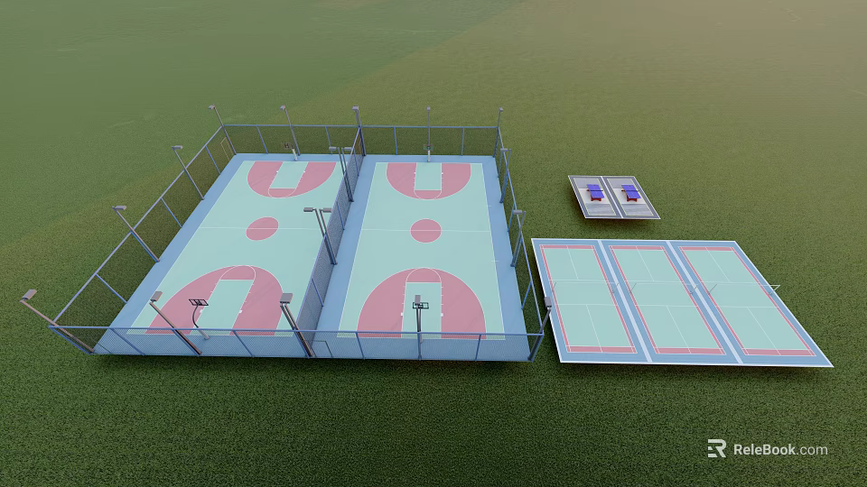 Two Basketball Courts With Fenced Surroundings Green Surface And Lighting Fixtures 3d model 