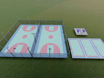 Two Basketball Courts With Fenced Surroundings Green Surface And Lighting Fixtures 3d model