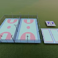 Two Basketball Courts With Fenced Surroundings Green Surface And Lighting Fixtures