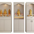 Illuminated Modern Buddhist Shrine Cabinet With Golden Buddha Statues Candles And Incense Burners