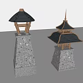 Traditional Style Outdoor Lights With Black Roof Like Top Gray Stone Pillars And Wooden Details