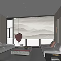 Hotel Public Lounge With Wooden Walls Large Windows Cityscape White Sofas And Red Pendant Light
