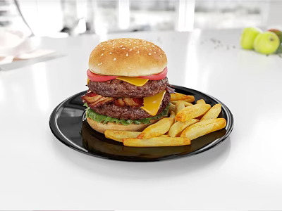 Juicy Burger with Sesame Bun Tomato Cheese Bacon Lettuce Crispy French Fries on Black Plate 3d model