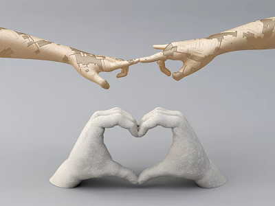 Hand Sculpture with Golden Hands Fingers Touching and White Heart Shape Hands 3d model