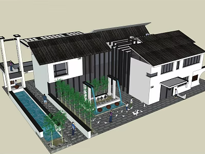 Modern Chinese Courtyard Design With Traditional Black Roof White Walls Green Plants And Water Pool 3d model