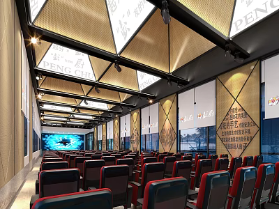Modern Theater Auditorium Interior With Arranged Red Black Seats Geometric Ceiling And Wall Art 3d model