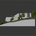 Modern White House With Flat Roof Wooden Terrace Blue Lounge Chairs And Greenery