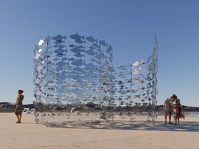 Large Metal Sculpture with Silver Fish Shaped Patterns in Open Sandy Area People Around Watching 3d model