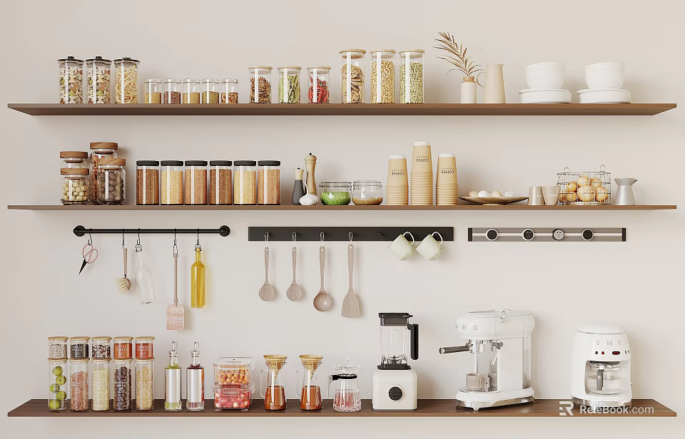 Organized Kitchenware On Shelves With Hanging Utensils Jars Mugs Bowls Coffee Maker And Grinder 3d model 