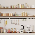 Organized Kitchenware On Shelves With Hanging Utensils Jars Mugs Bowls Coffee Maker And Grinder