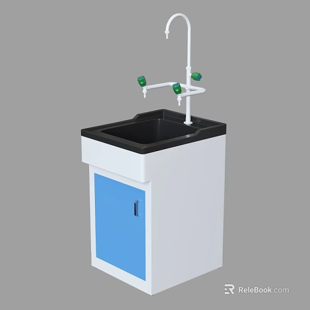 Laboratory Workstation With Black Sink Green Faucets And Blue Cabinet 3d model 