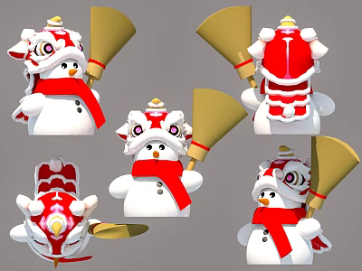 Check in Photo Spot With Snowmen Wearing Lion Dance Headgear Golden Trumpets And Red Decorations 3d model