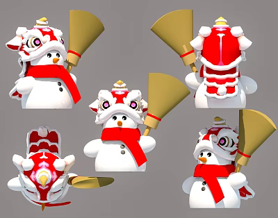 Check in Photo Spot With Snowmen Wearing Lion Dance Headgear Golden Trumpets And Red Decorations 3d model