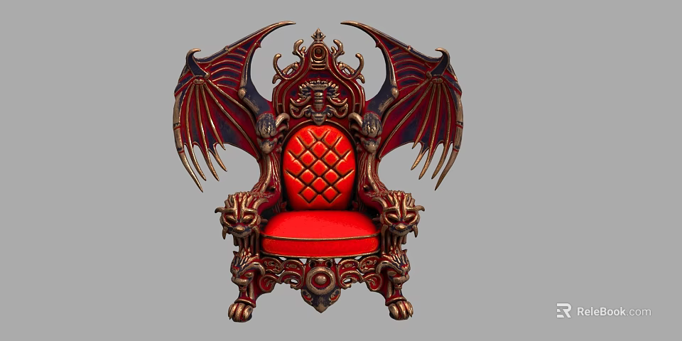 Luxurious Red Armchair With Ornate Bat Wings And Carved Lion Head Details 3d model 