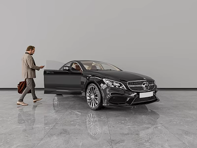 Black Luxury Car With Open Door And Person In Modern Showroom 3d model