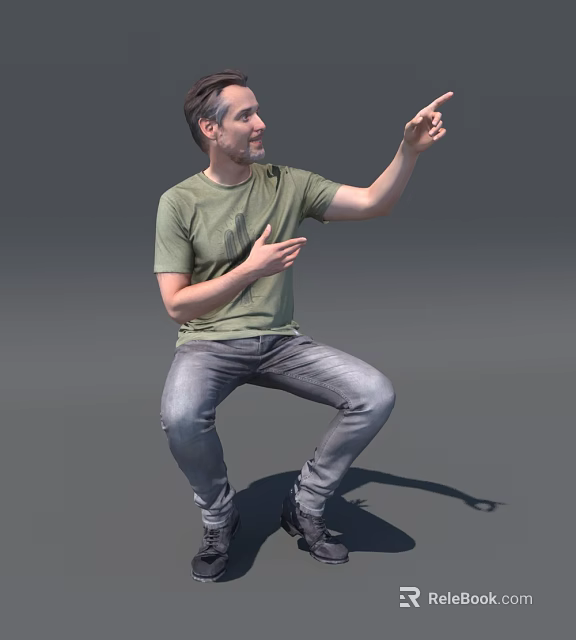 Man In Green T-shirt And Gray Jeans Squatting Pointing With Hand On Chest 3d model 