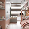 Playful Pink Kids Room Interior With Bunk Bed Desk And Arched Storage Design