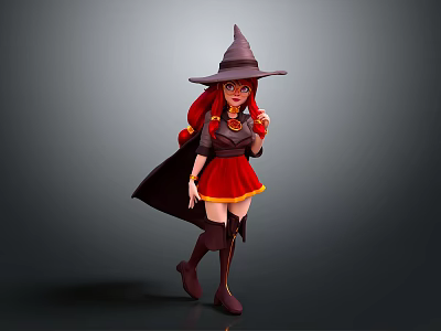 Red Haired Witch Character In Red Dress With Gray Wizard Hat Black Cloak And Brown Boots 3d model
