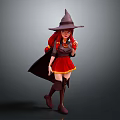 Red Haired Witch Character In Red Dress With Gray Wizard Hat Black Cloak And Brown Boots