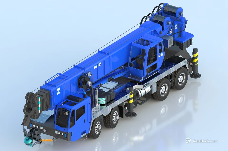 Blue Mobile Crane Truck with Extended Boom Multiple Wheels and Functional Cab 3d model 