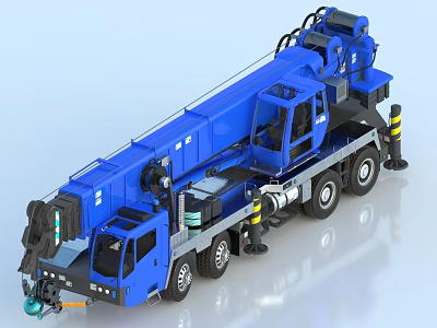 Blue Mobile Crane Truck with Extended Boom Multiple Wheels and Functional Cab 3d model