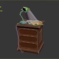 Wooden Office Desk with Drawers Featuring Table Lamp Green Lampshade and Papers