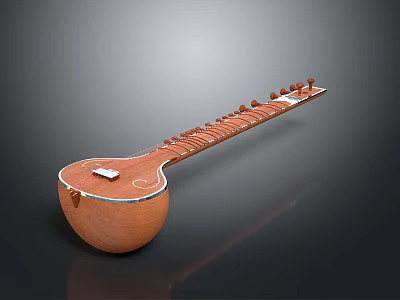 Traditional Wooden Sitar String Instrument With Long Neck And Resonant Body Design 3d model