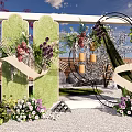 Outdoor Floral Decorative Scene With Green Arch Circular Ornaments And Colorful Flowers