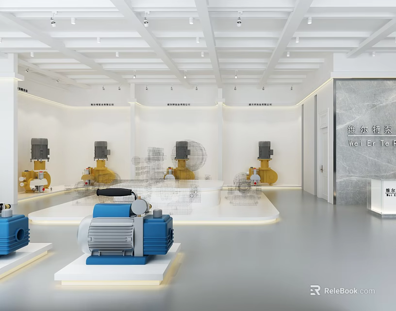 Modern Exhibition Hall Showcasing Yellow And Blue Industrial Pumps On White Platforms 3d model 