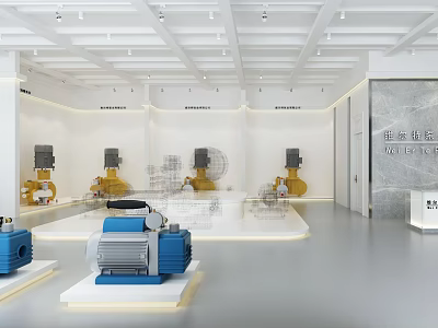 Modern Exhibition Hall Showcasing Yellow And Blue Industrial Pumps On White Platforms 3d model