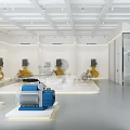 Modern Exhibition Hall Showcasing Yellow And Blue Industrial Pumps On White Platforms