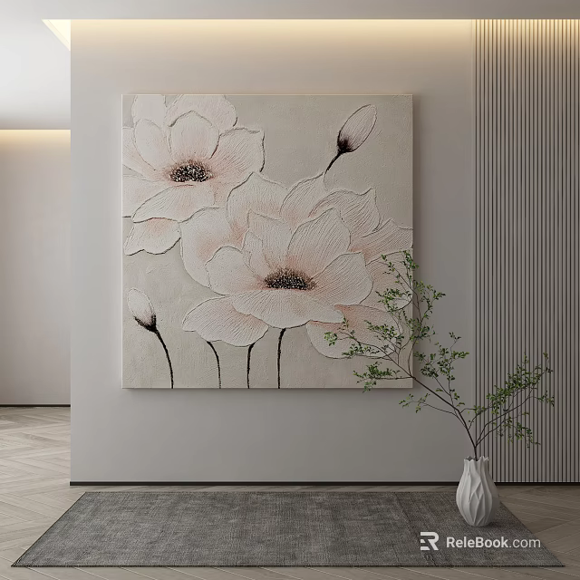 Pink Floral Decorative Painting On Wall With White Vase And Green Branches 3d model 