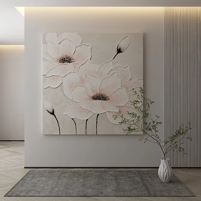 Pink Floral Decorative Painting On Wall With White Vase And Green Branches 3d model