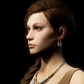 Woman in Brown Dress With Necklace Arm Bracers Waist Belt Small Pouch And Boots