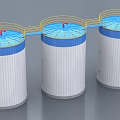 Industrial Storage Tanks Cylindrical Design With Blue Tops Yellow Railings And Staircases