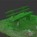 Old Wooden Moss Covered Outdoor Bench Surrounded by Grass Fallen Leaves and Stones