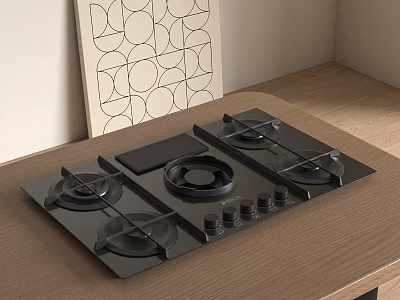 Black Gas Stove With Multiple Burners On Wooden Countertop And Geometric Wall Art 3d model