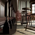Classic Restaurant Interior With Wooden Furniture Chandelier Dining Tables Chairs Bar Counter And Windows