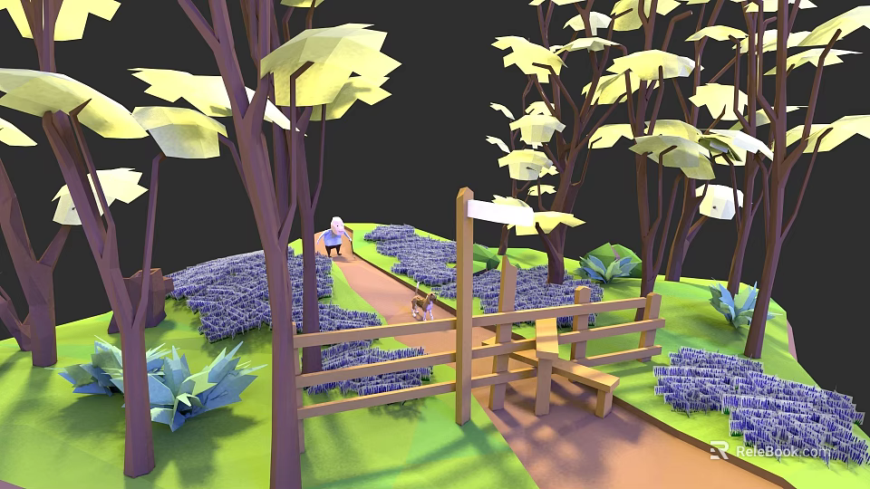 Tall Trees in Garden with Wooden Fence Purple Flowers and Green Grass Pathway 3d model 