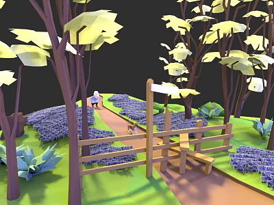 Tall Trees in Garden with Wooden Fence Purple Flowers and Green Grass Pathway 3d model