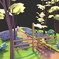 Tall Trees in Garden with Wooden Fence Purple Flowers and Green Grass Pathway