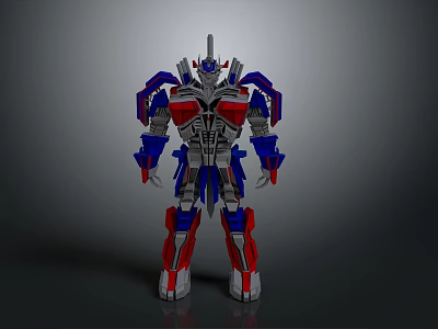 Detailed 3D Mechanical Robot Character With Red Blue Silver Armor And Standing Pose 3d model