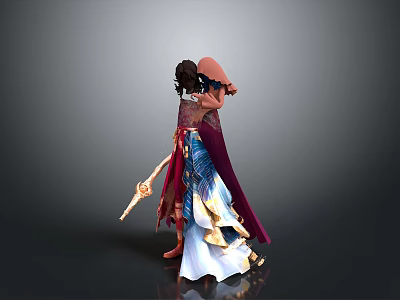 Elaborate Female Character In Colorful Costume With Fan And Decorative Staff 3d model