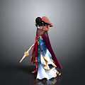 Elaborate Female Character In Colorful Costume With Fan And Decorative Staff