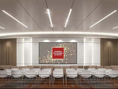 Modern Conference Room With Projection Screen White Chairs Wooden Floor And Ceiling Lights 3d model
