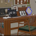 Wooden Study Desk with Laptop Photo Frames Corkboard Floor Lamp and Green Cushion Chair