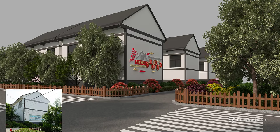 Traditional Modern Building Exterior Wall With White Surface Black Roof Green Plants And Wooden Fence 3d model 